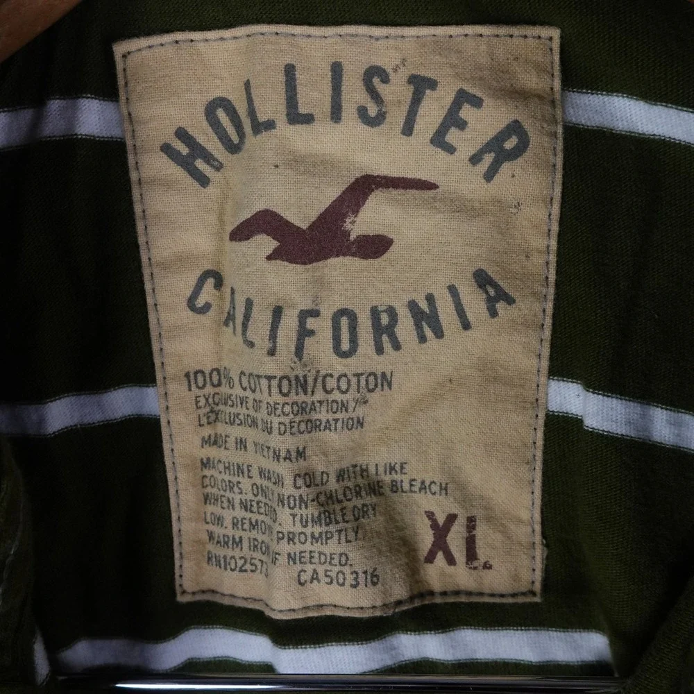 Hollister Mens XL Green White Striped Short Sleeve Cotton Polo Shirt Logo 6272